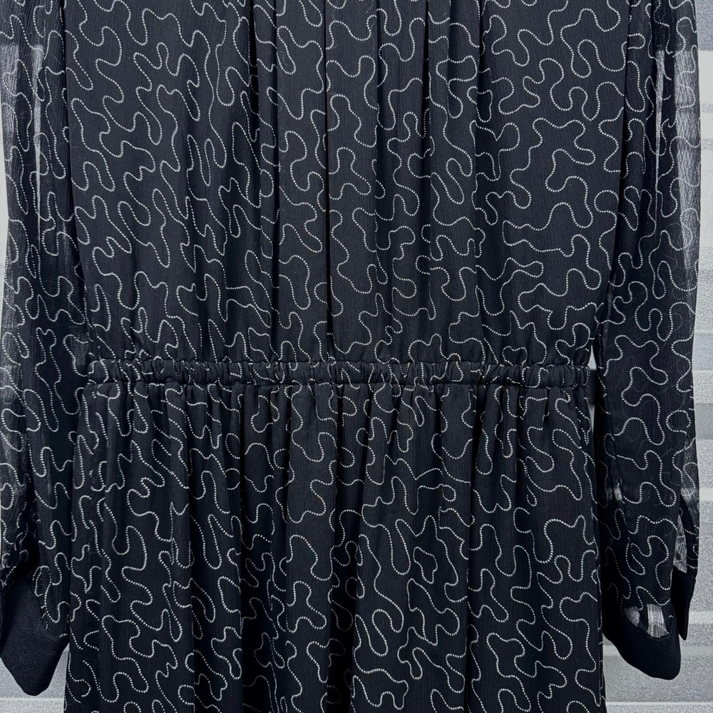 Club Monaco Black Abstract Print Chiffon Long Sleeve Drawstring Dress Size 6 - Picture 9 of 12